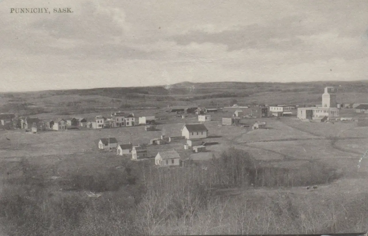 Panoramic view of Punnichy from the hill, about 1910